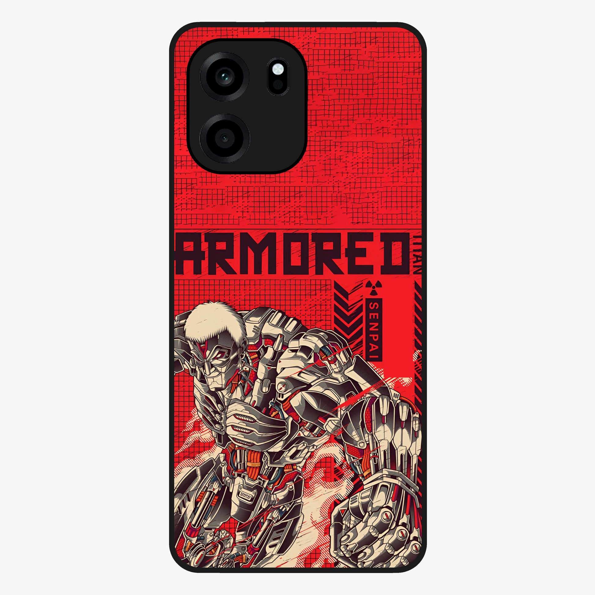 Crimson Mecha Titan Glass Case showing flat back view with powerful mech titan artwork and glossy glass finish.