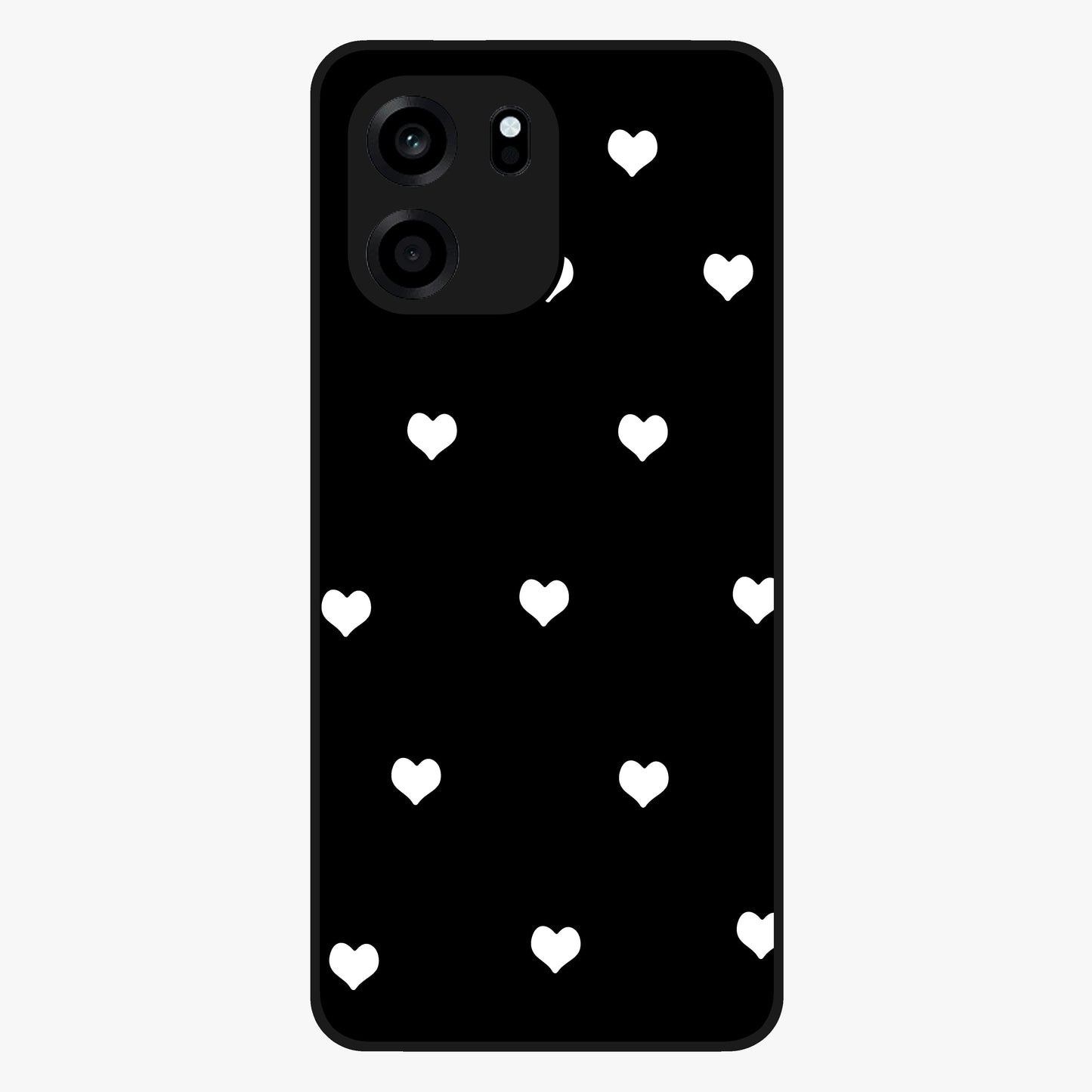 Cute And Simple White Hearts Glass Case showing flat back view with minimal white heart pattern and glossy glass finish.