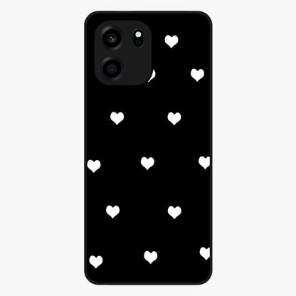 Cute And Simple White Hearts Glass Case showing flat back view with minimal white heart pattern and glossy glass finish.
