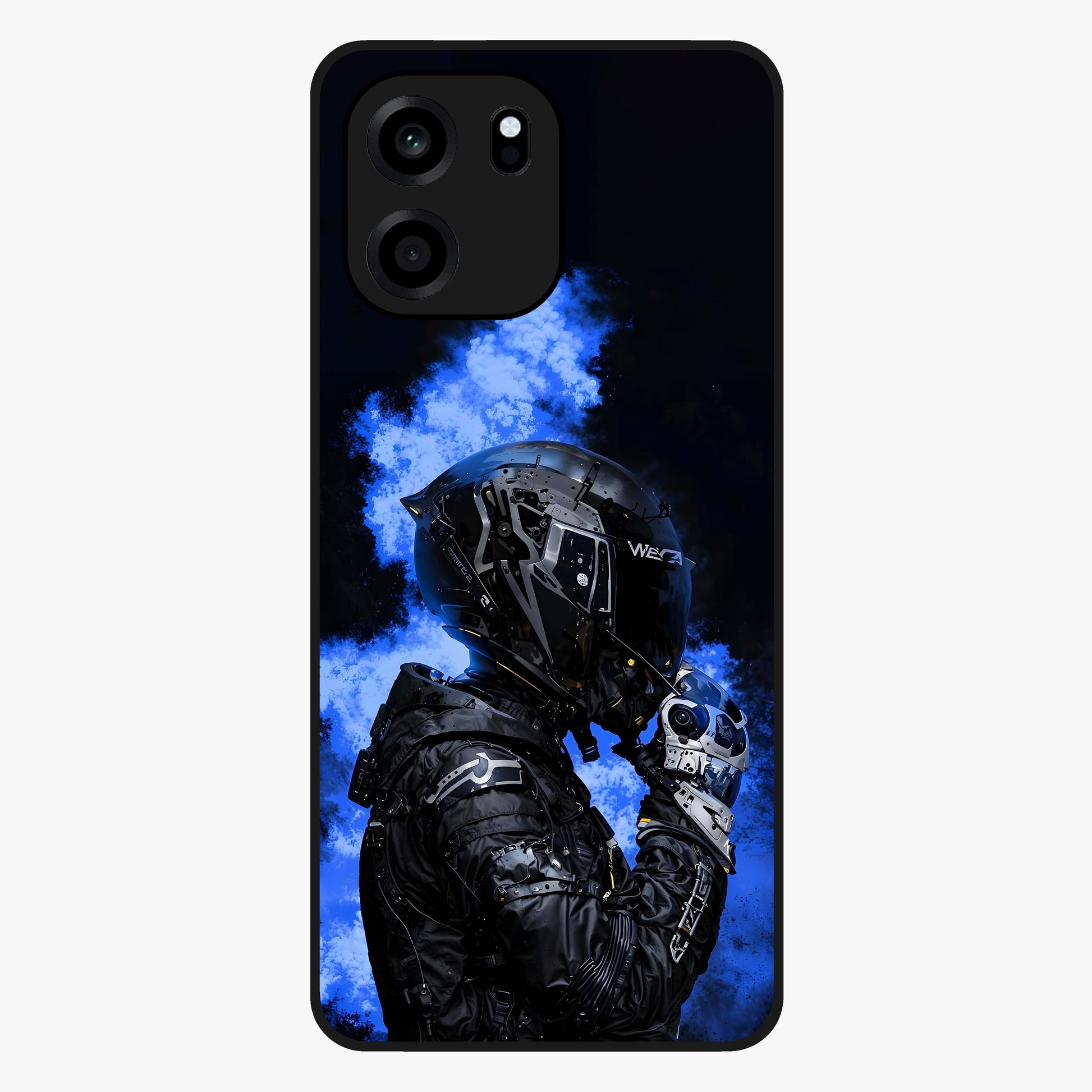 Cyber Sentinel Protocol Glass Case showing flat back view with futuristic cyber themed artwork and glossy glass finish.