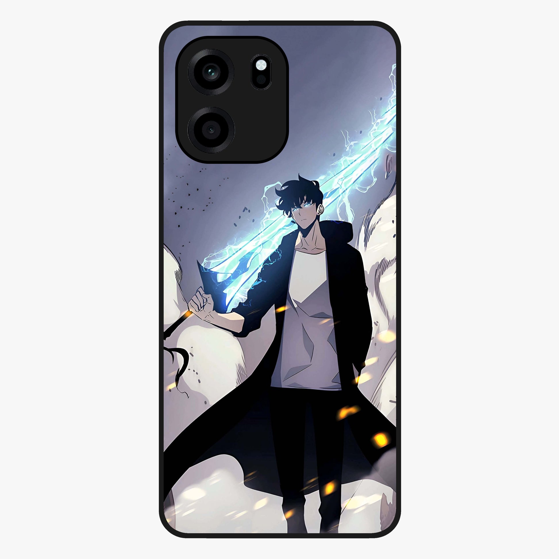 Dark Lightning Anime Warrior Glass Case showing flat back view with intense anime warrior artwork and glossy glass finish.