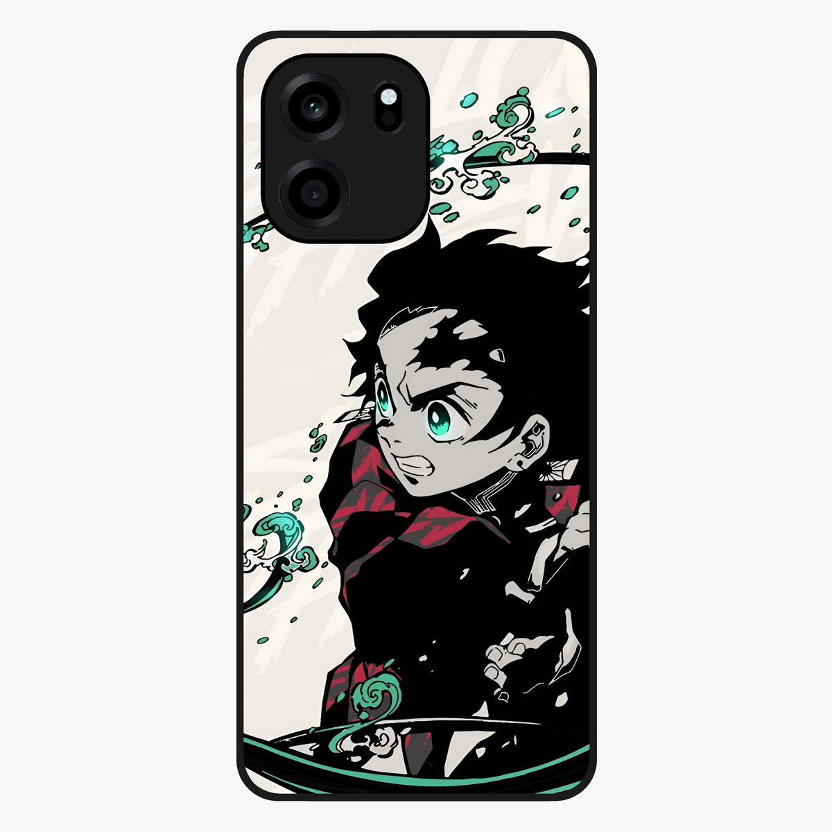 Demon Slayer Glass Case showing flat back view with bold anime inspired artwork and glossy glass finish.