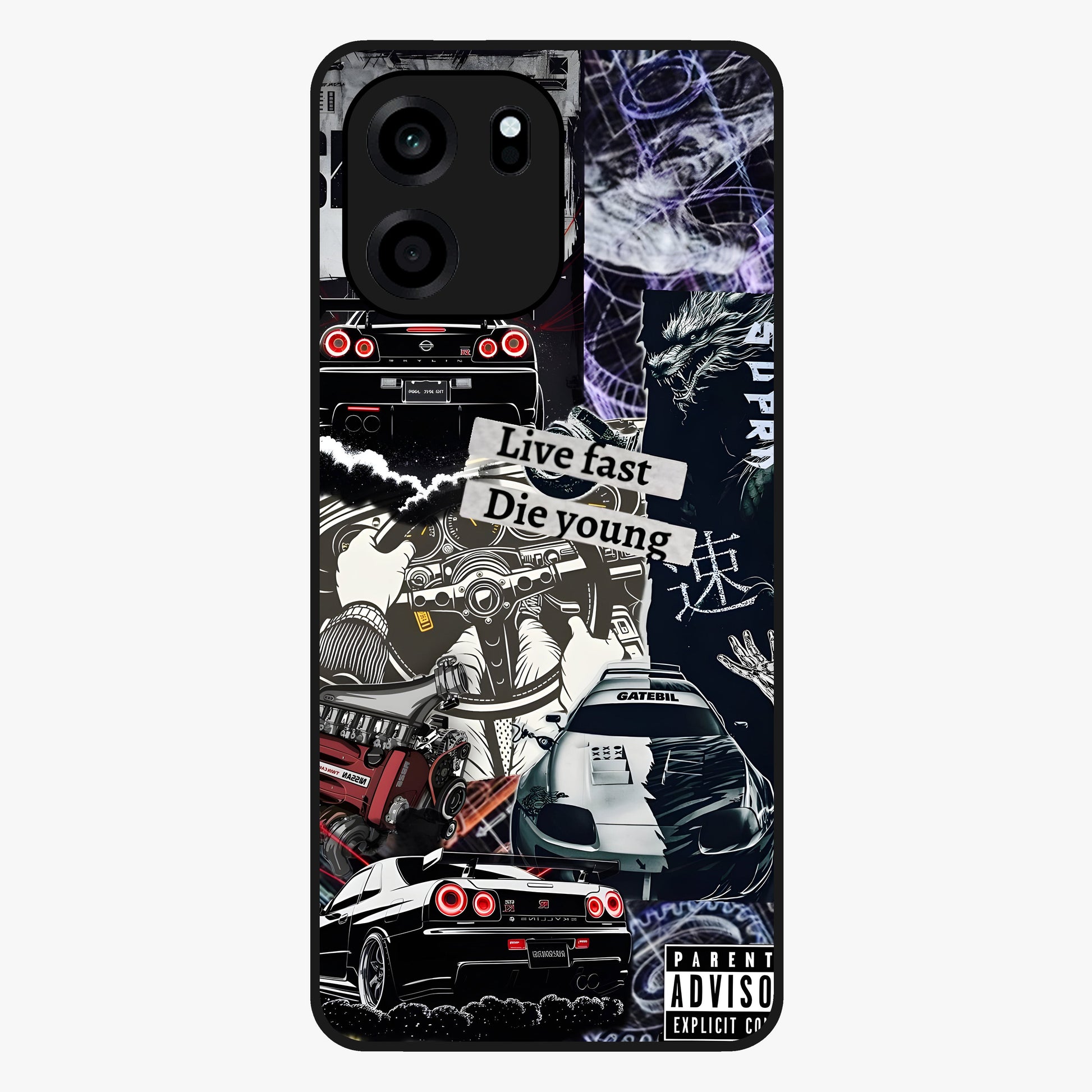 Die Young Glass Case showing flat back view with bold artistic typography design and glossy glass finish.