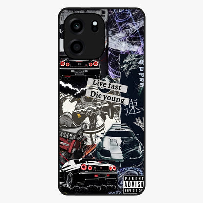 Die Young Glass Case showing flat back view with bold artistic typography design and glossy glass finish.