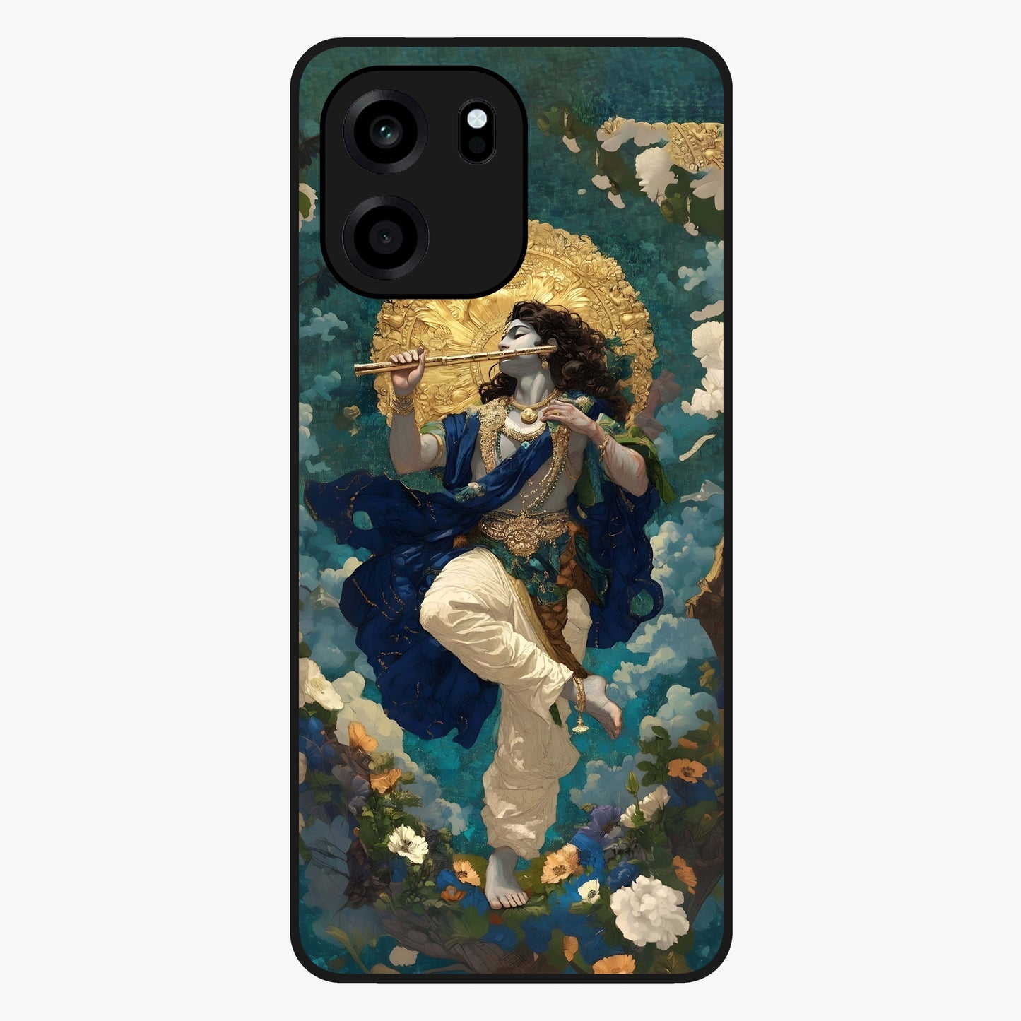 Divine Krishna Art Glass Case showing flat back view with Lord Krishna artwork and glossy glass finish.
