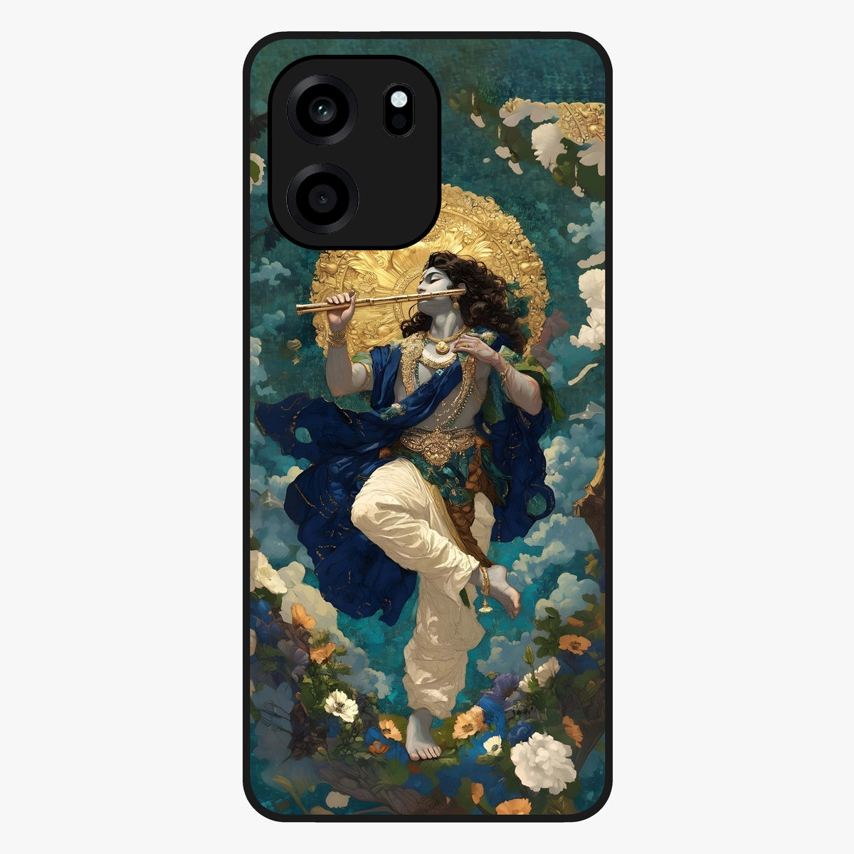 Divine Krishna Art Glass Case showing flat back view with Lord Krishna artwork and glossy glass finish.