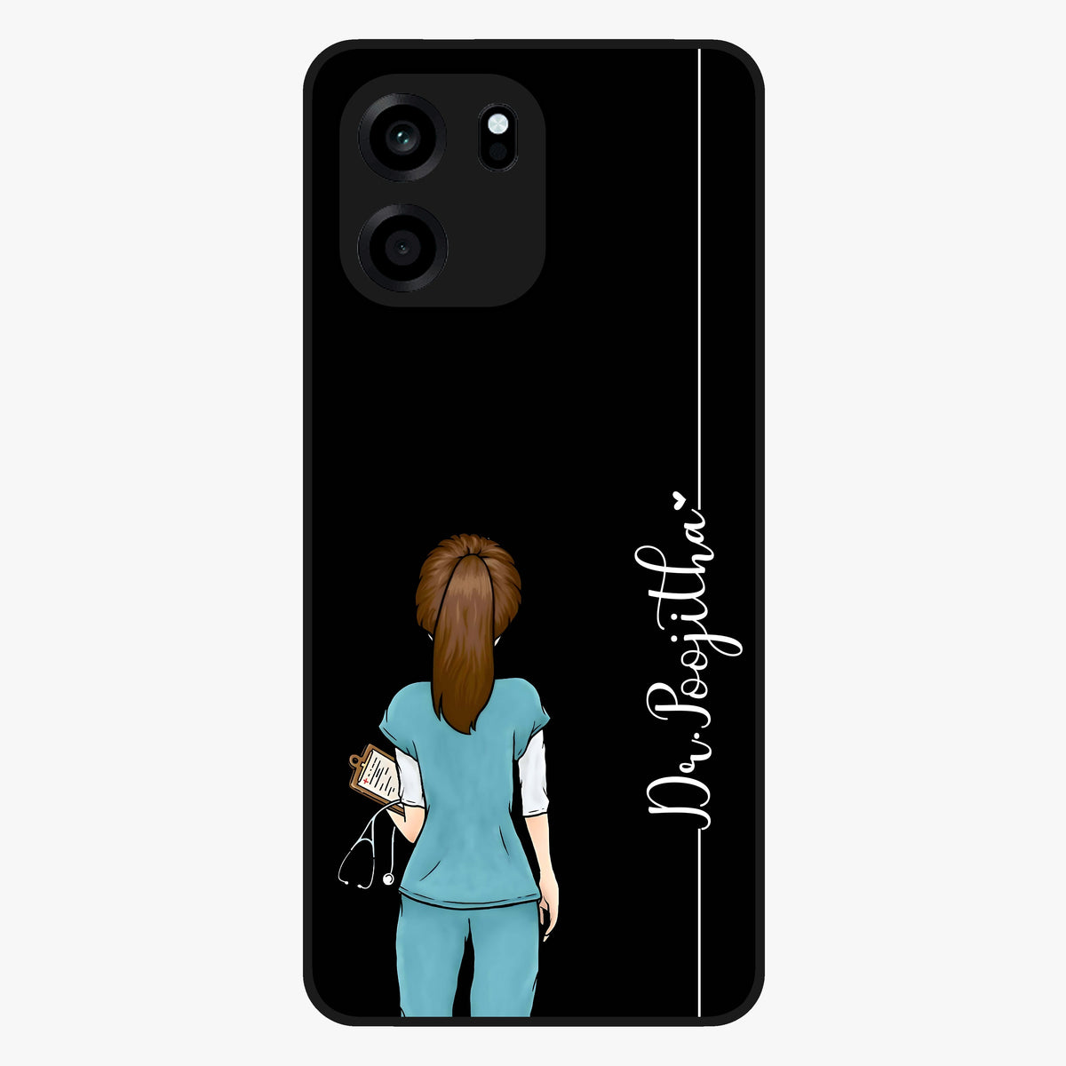Doctor Pattern Custom Name Glass Case showing flat back view with medical themed pattern and personalized name design.