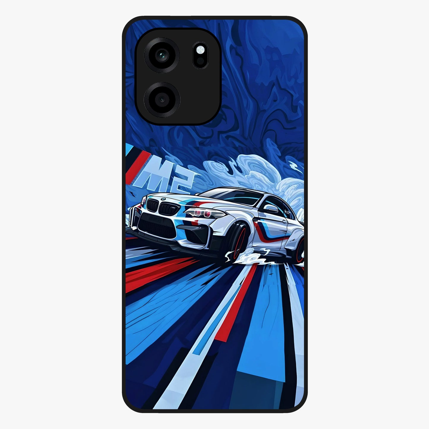 Drift Power Rush Glass Case showing flat back view with dynamic racing inspired artwork and glossy glass finish.