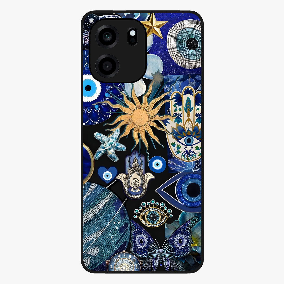 Evil Eye Charm Mix Glass Case showing flat back view with multiple evil eye charms artwork and glossy glass finish.