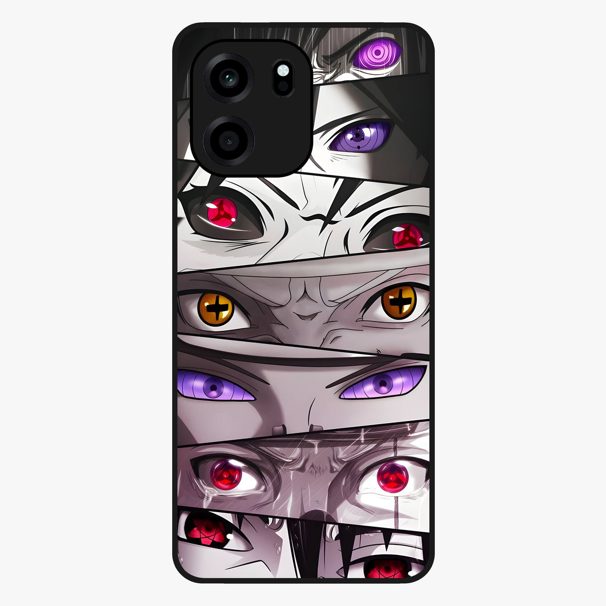 Eyes of Destiny Glass Case showing flat back view with striking eye themed artwork and glossy glass finish.