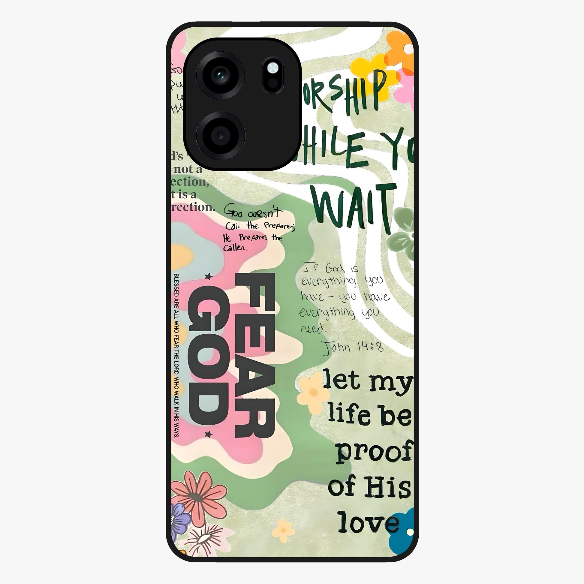 Faith Over Fear Glass Case showing flat back view with motivational typography artwork and glossy glass finish.