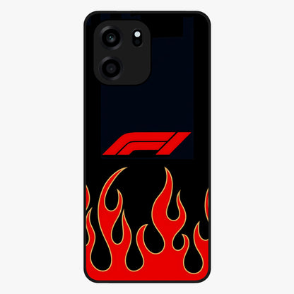 Fire F11 Glass Case showing flat back view with fiery themed artwork and glossy glass finish.