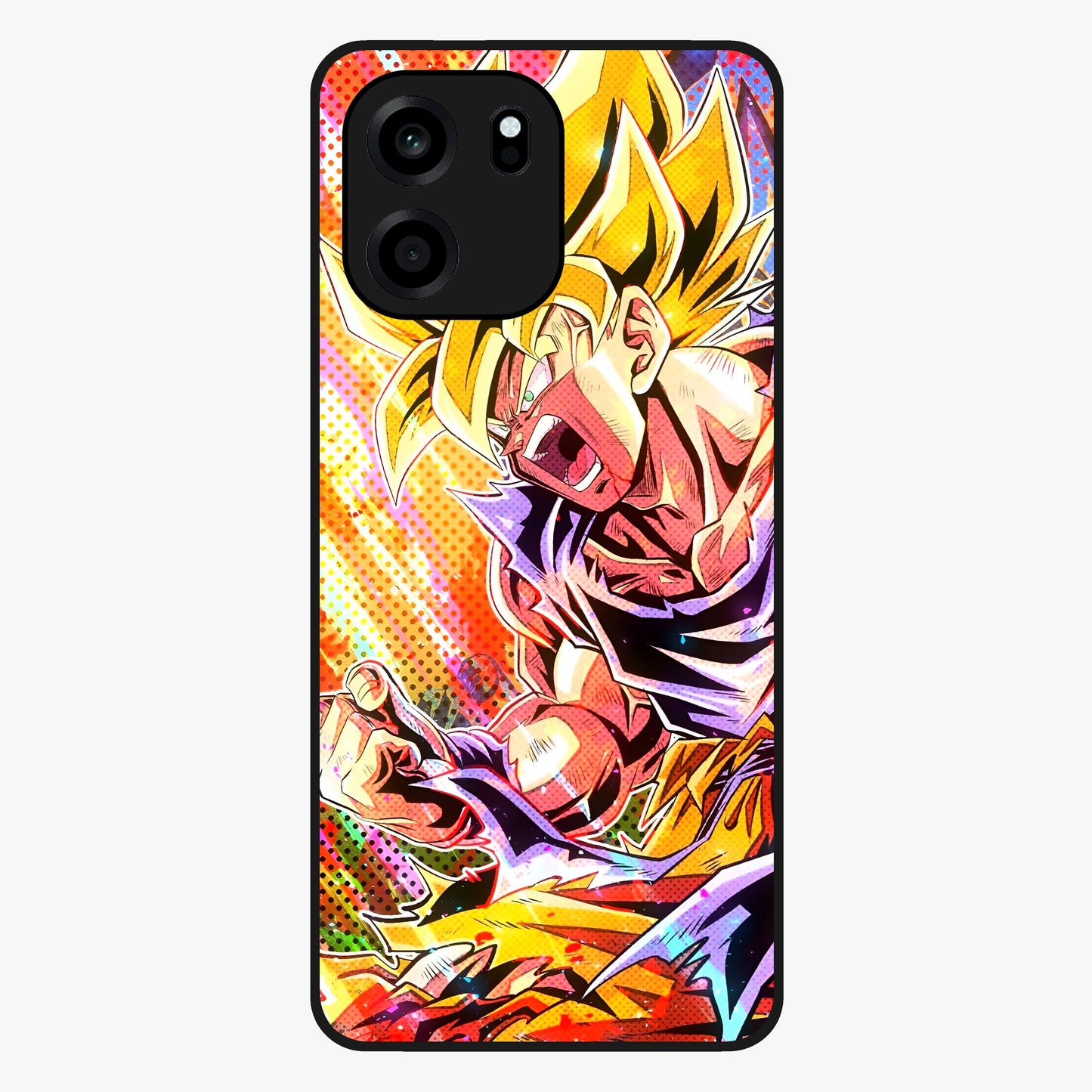 Firing Goku Glass Case showing flat back view with powerful anime inspired artwork and glossy glass finish.