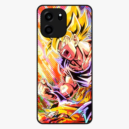 Firing Goku Glass Case showing flat back view with powerful anime inspired artwork and glossy glass finish.