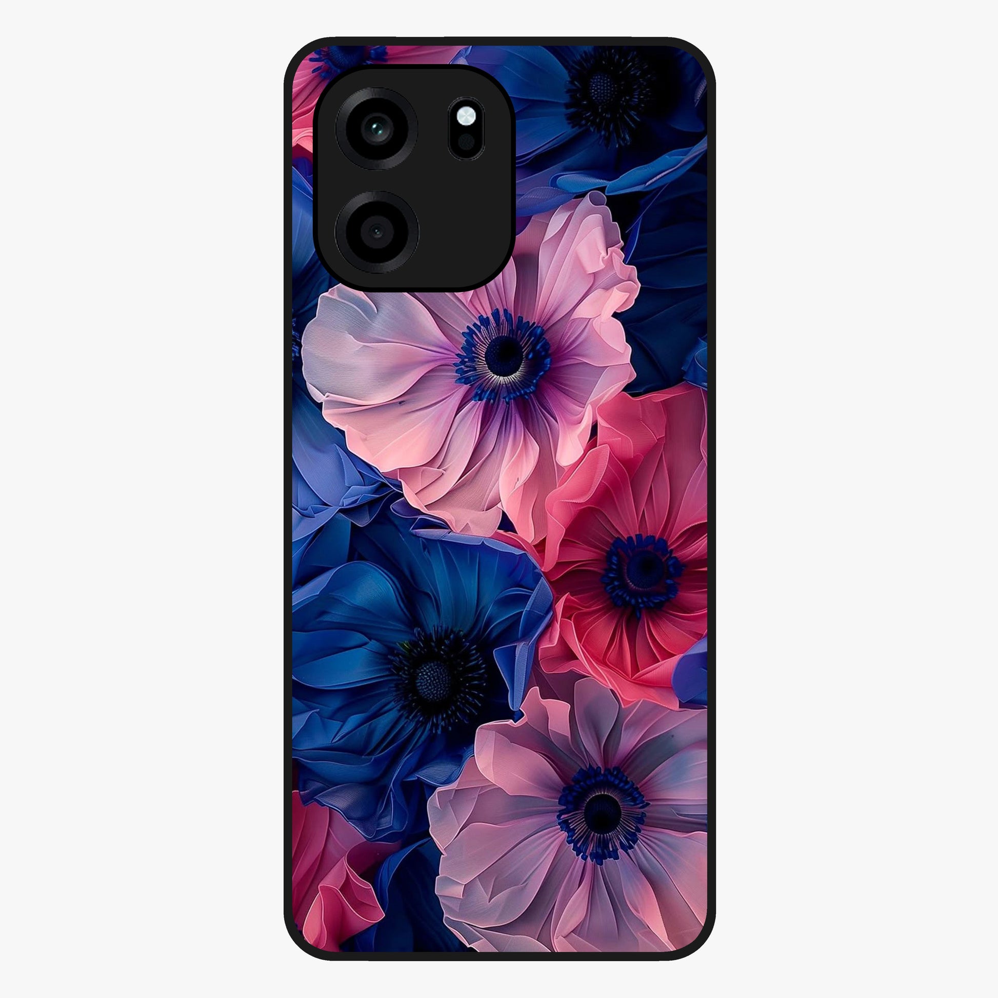 Flower Paper Art Pattern Glass Case showing flat back view with paper cut style floral artwork and glossy glass finish.