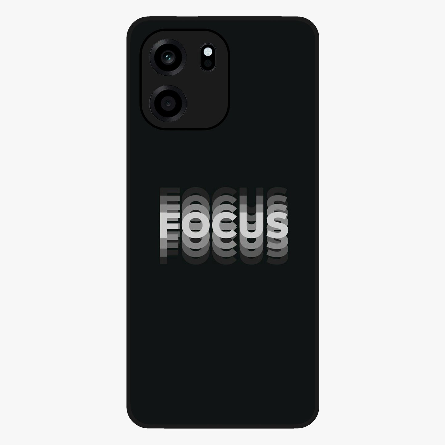 Focus Mode On Glass Case showing flat back view with bold motivational typography design and glossy glass finish.