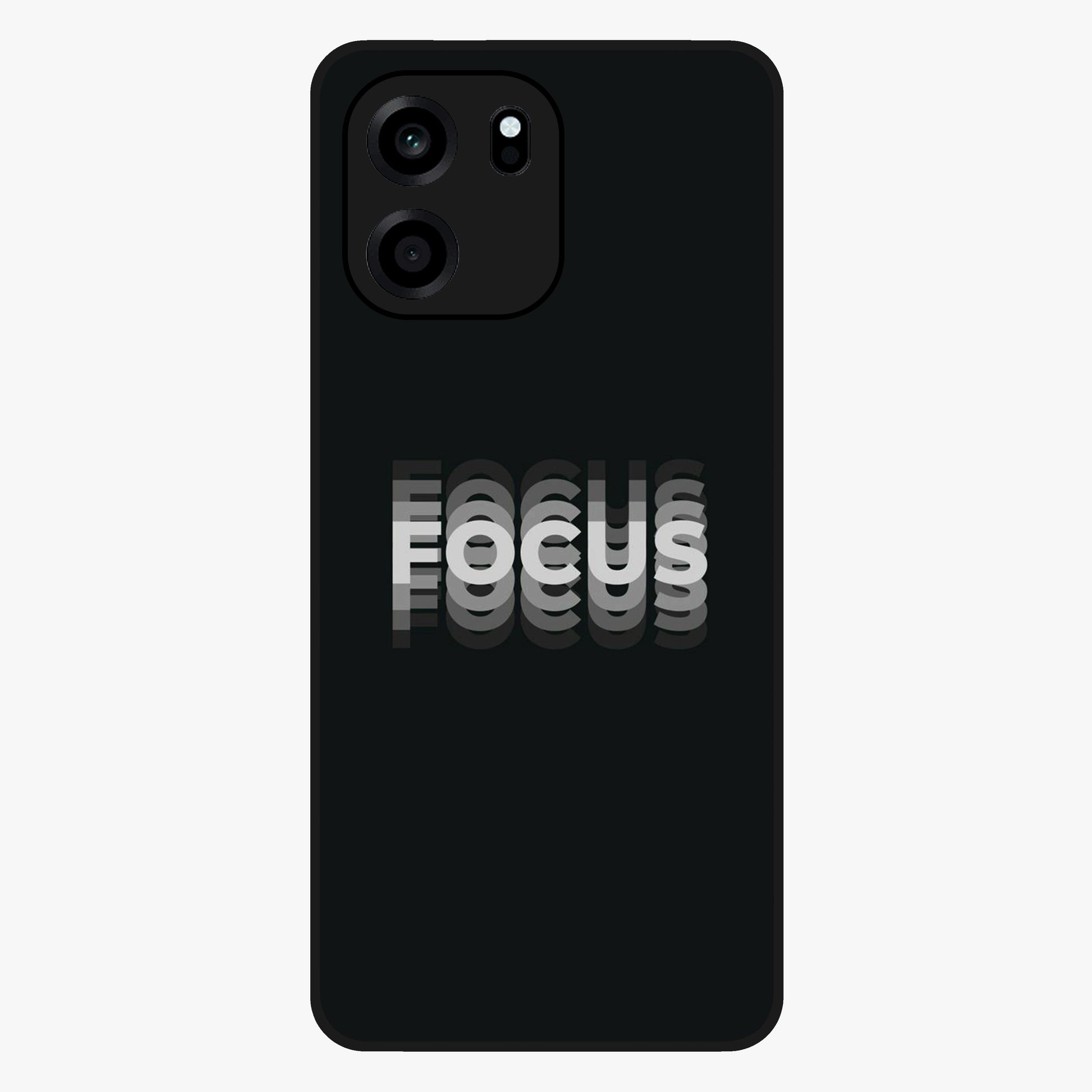 Focus Mode On Glass Case showing flat back view with bold motivational typography design and glossy glass finish.