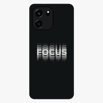 Focus Mode On Glass Case showing flat back view with bold motivational typography design and glossy glass finish.