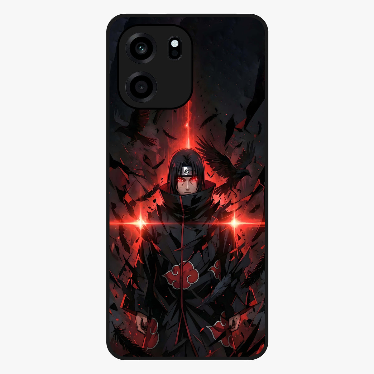 Focused Blade Discipline Glass Case showing flat back view with warrior sword themed artwork and glossy glass finish.