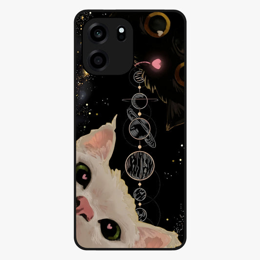 Galactic Cat Glass Case showing flat back view with cosmic cat artwork and glossy glass finish.