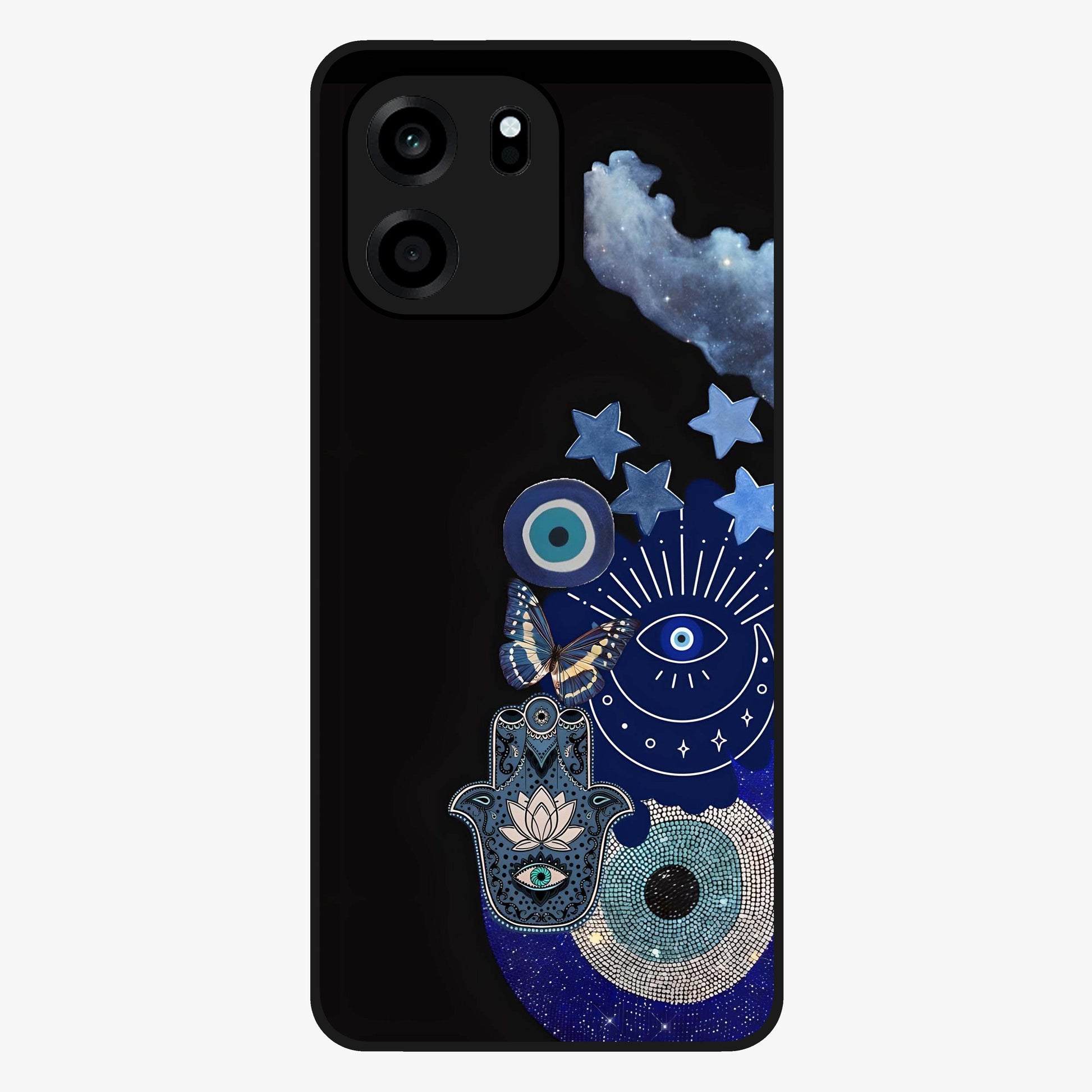 Galactic Charm Cluster Glass Case showing flat back view with glowing celestial charm artwork and glossy glass finish.