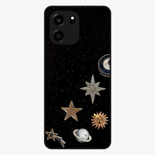 Galactic Charm Glow Glass Case showing flat back view with glowing celestial charm artwork and glossy glass finish.