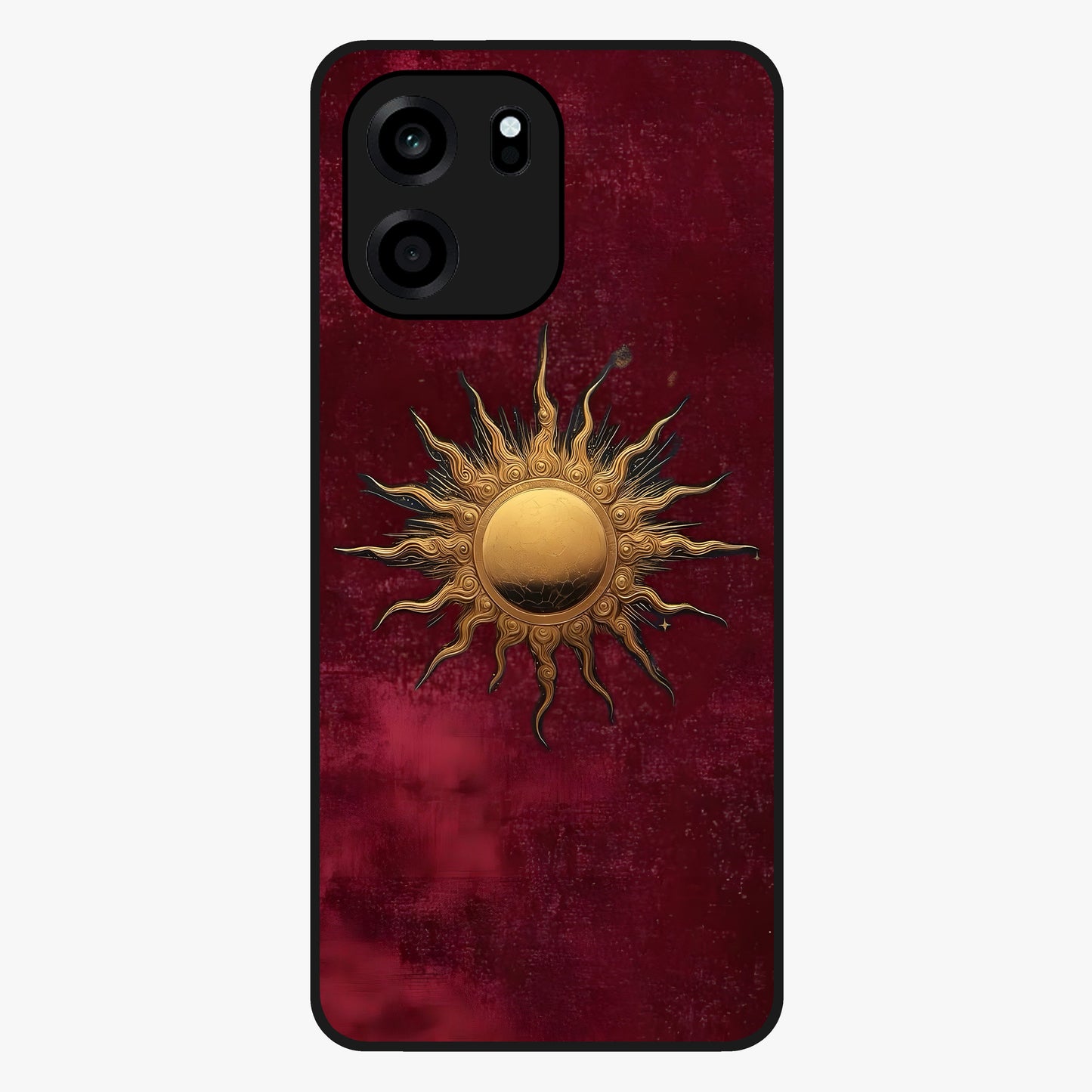 Gold Sun Blush Glass Case showing flat back view with golden sun inspired artwork and glossy glass finish.