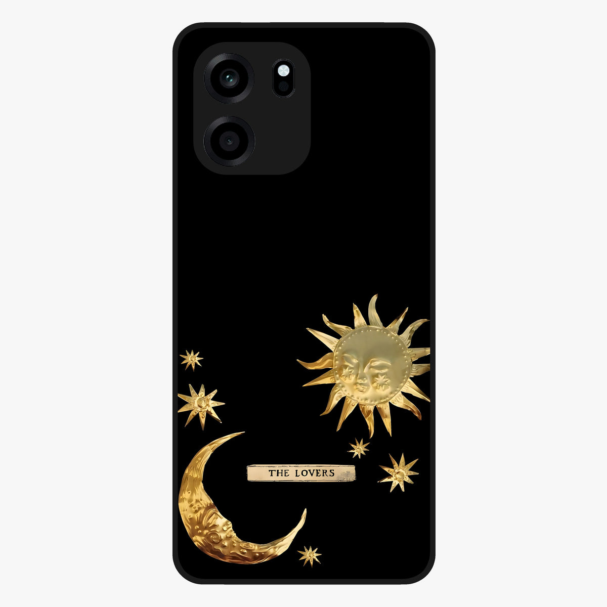 Golden Celestial Charm Glass Case showing flat back view with golden celestial charm artwork and glossy glass finish.