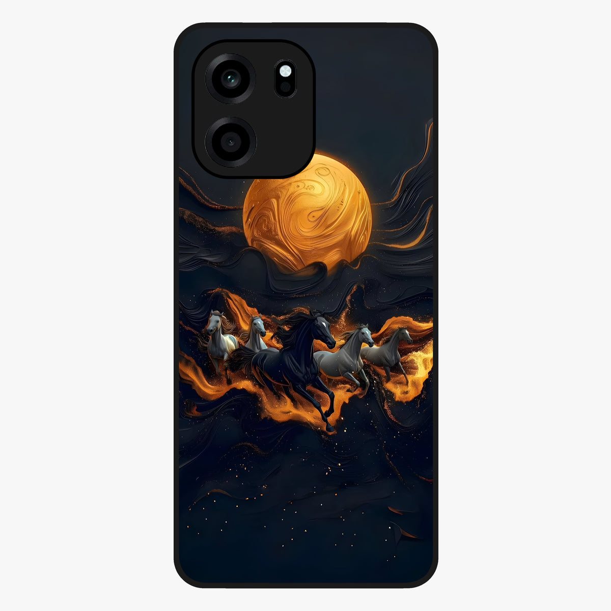 Golden Stallion Moonride Glass Case showing flat back view with majestic horse under moonlight artwork and glossy glass finish.
