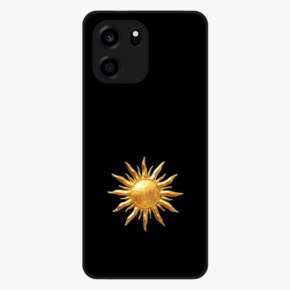 Golden Sun Minimalism Glass Case showing flat back view with minimal golden sun artwork and glossy glass finish.