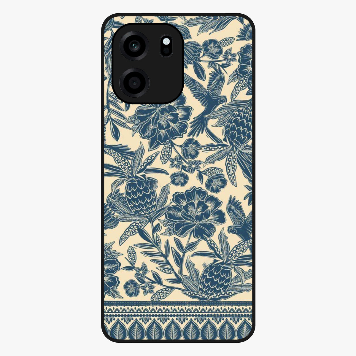 Heirloom Wild Bloom Glass Case showing flat back view with vintage inspired wild flower artwork and glossy glass finish.