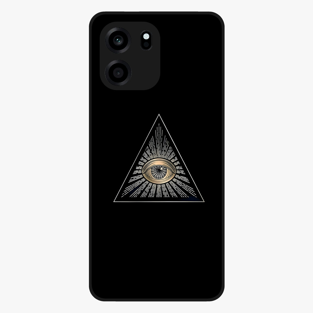 Illuminati Evil Glass Case showing flat back view with mysterious illuminati symbol artwork and glossy glass finish.