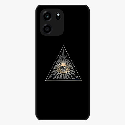 Illuminati Evil Glass Case showing flat back view with mysterious illuminati symbol artwork and glossy glass finish.