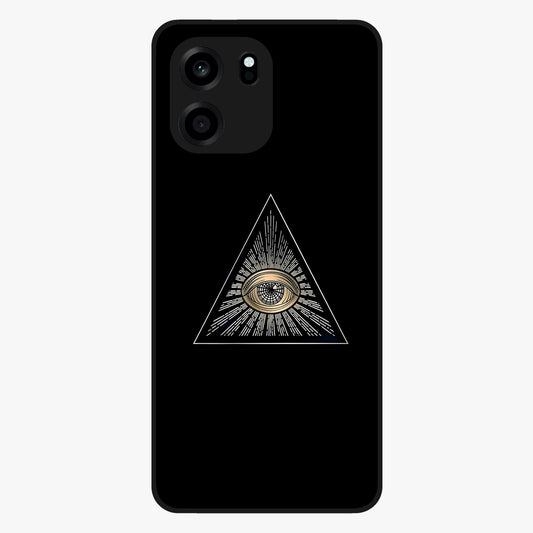 Illuminati Evil Glass Case showing flat back view with mysterious illuminati symbol artwork and glossy glass finish.