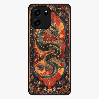 Inferno Dragon Soul Glass Case showing flat back view with fiery dragon artwork and glossy glass finish.