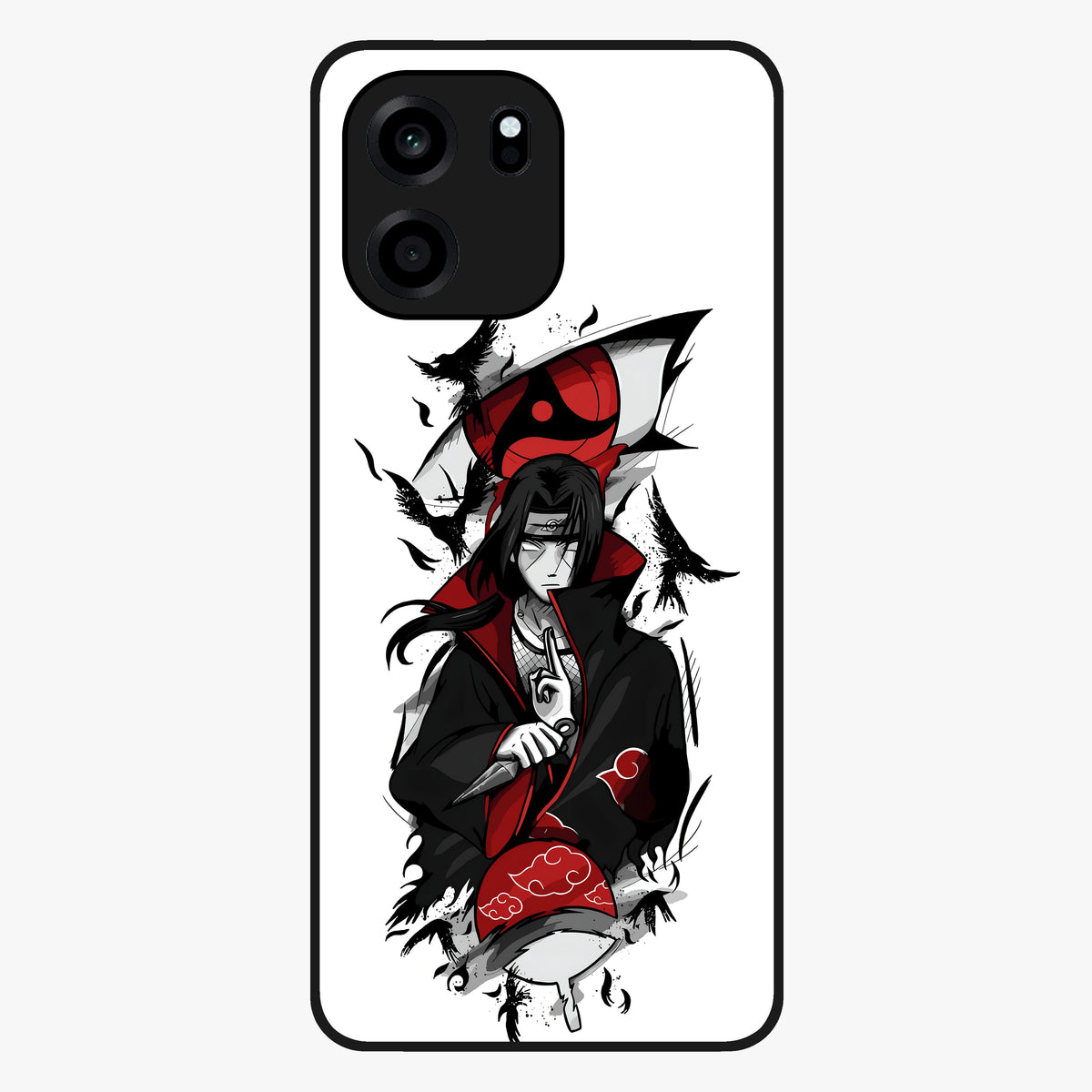 Itachi Sharingan Glass Case showing flat back view with powerful anime eye artwork and glossy glass finish.