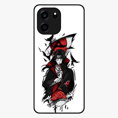 Itachi Sharingan Glass Case showing flat back view with powerful anime eye artwork and glossy glass finish.