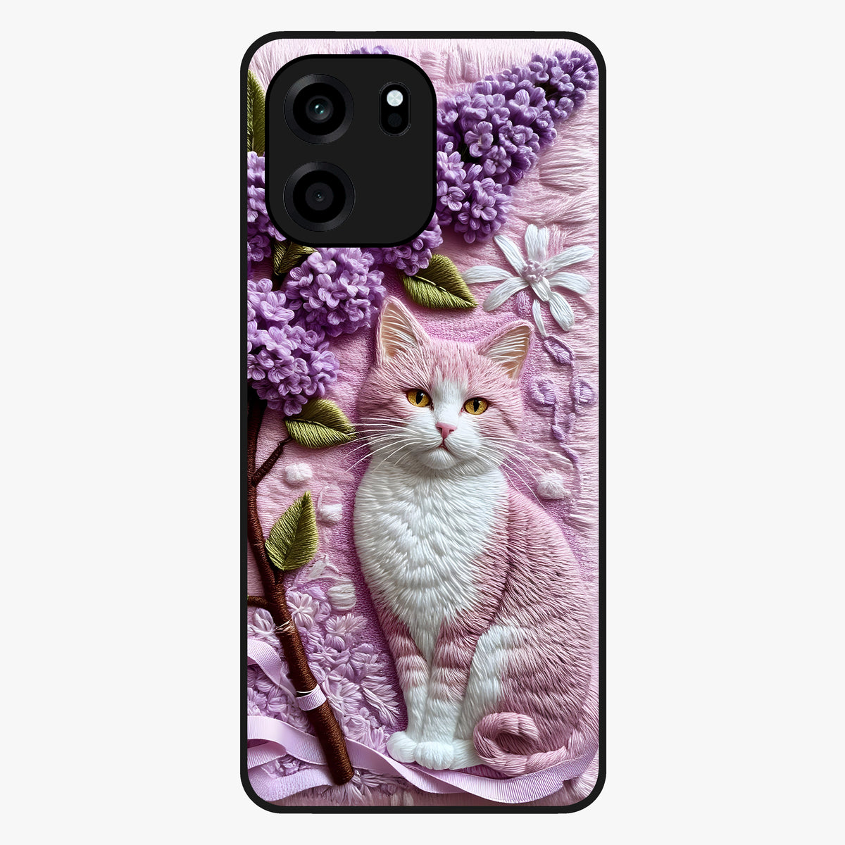 Lavender Cat Whimsy Glass Case showing flat back view with cute lavender cat artwork and glossy glass finish.