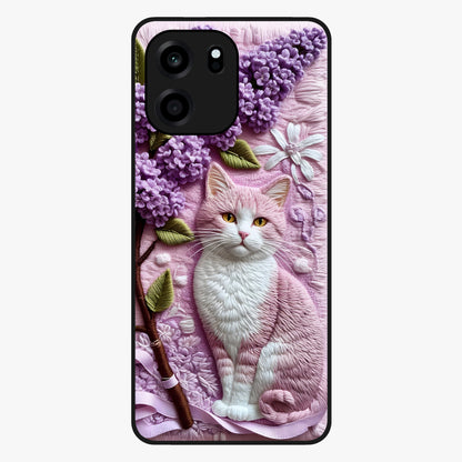 Lavender Cat Whimsy Glass Case showing flat back view with cute lavender cat artwork and glossy glass finish.