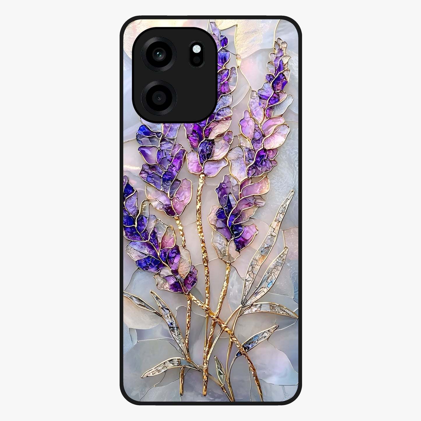 Lavender Dream Glow Glass Case showing flat back view with glowing lavender aesthetic artwork and glossy glass finish.