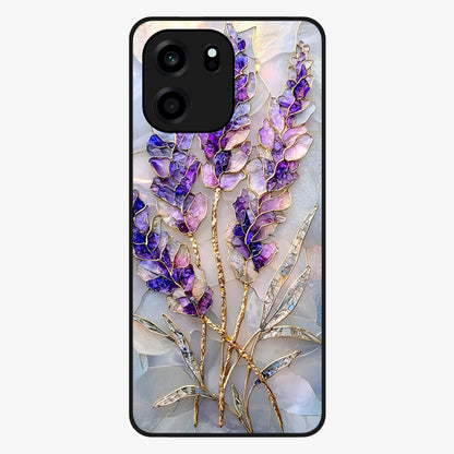 Lavender Dream Glow Glass Case showing flat back view with glowing lavender aesthetic artwork and glossy glass finish.