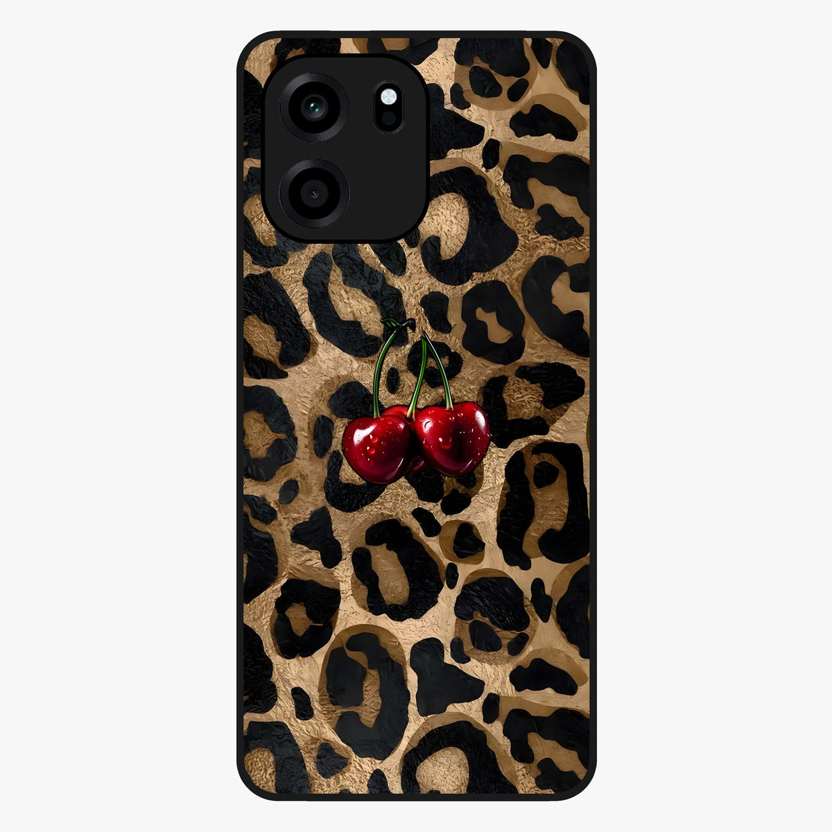 Leopard Wild Cherry Glass Case showing flat back view with leopard pattern and cherry artwork and glossy glass finish.
