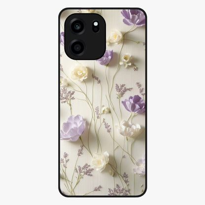 Lilac Breeze Harmony Glass Case showing flat back view with soft lilac themed artwork and glossy glass finish.