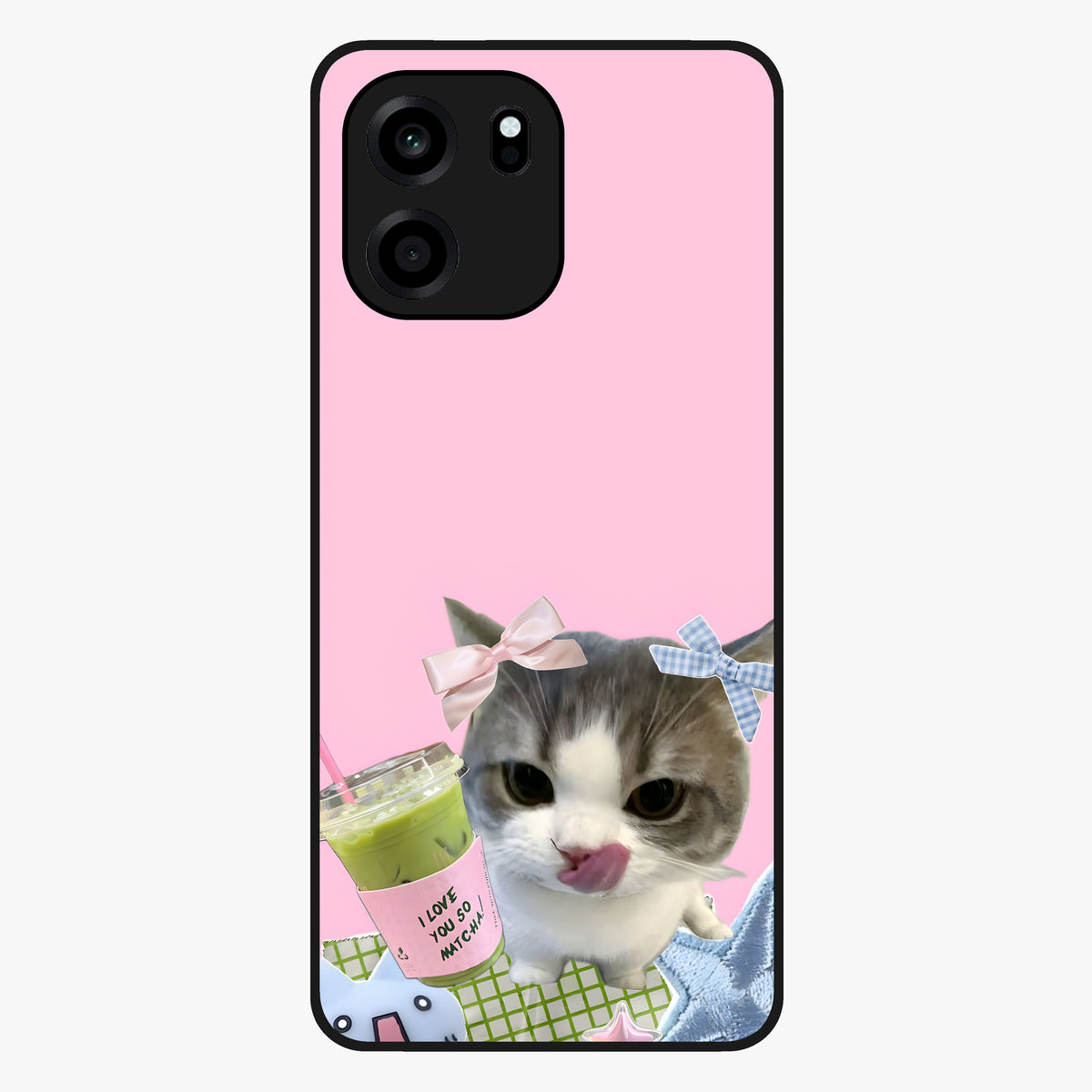 Love Matcha Cat Glass Case showing flat back view with cute cat and matcha themed artwork and glossy glass finish.