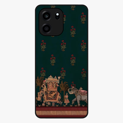 Macmerise Glass Case showing flat back view with stylish modern artwork and glossy glass finish.