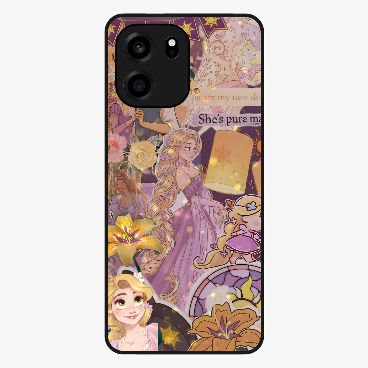 Magical Tangled Dream Glass Case showing flat back view with dreamy tangled artwork and glossy glass finish.