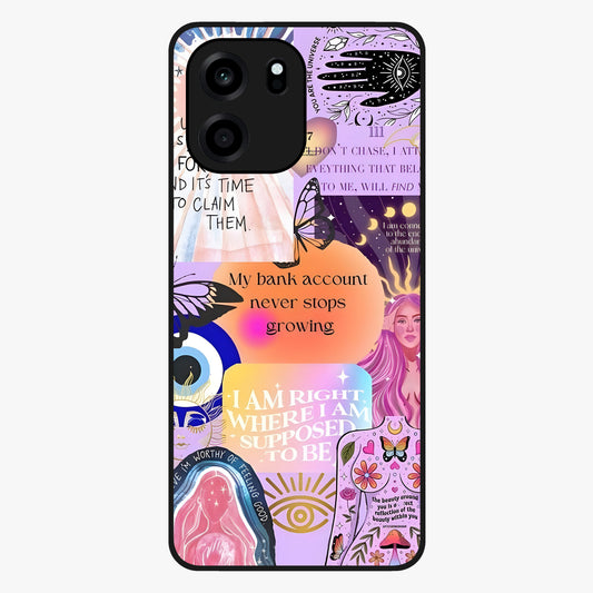 Manifestation Collage Glass Case showing flat back view with motivational collage artwork and glossy glass finish.
