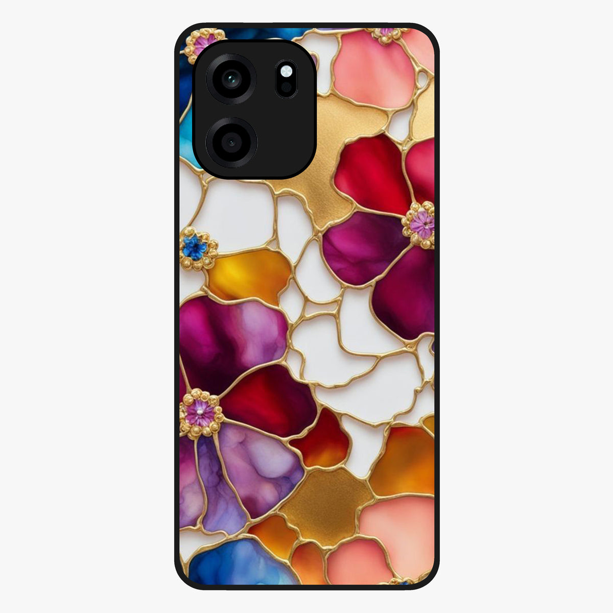 Marble Flower Pattern Glass Case showing flat back view with marble texture floral artwork and glossy glass finish.