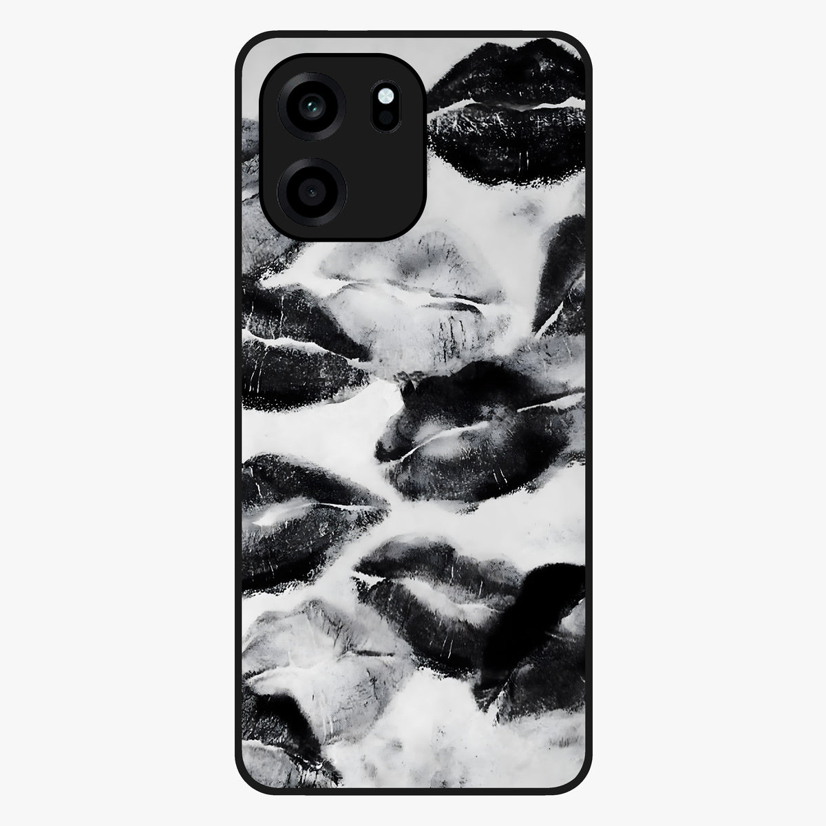 Midnight Kiss Marks Glass Case showing flat back view with lipstick kiss mark artwork and glossy glass finish.