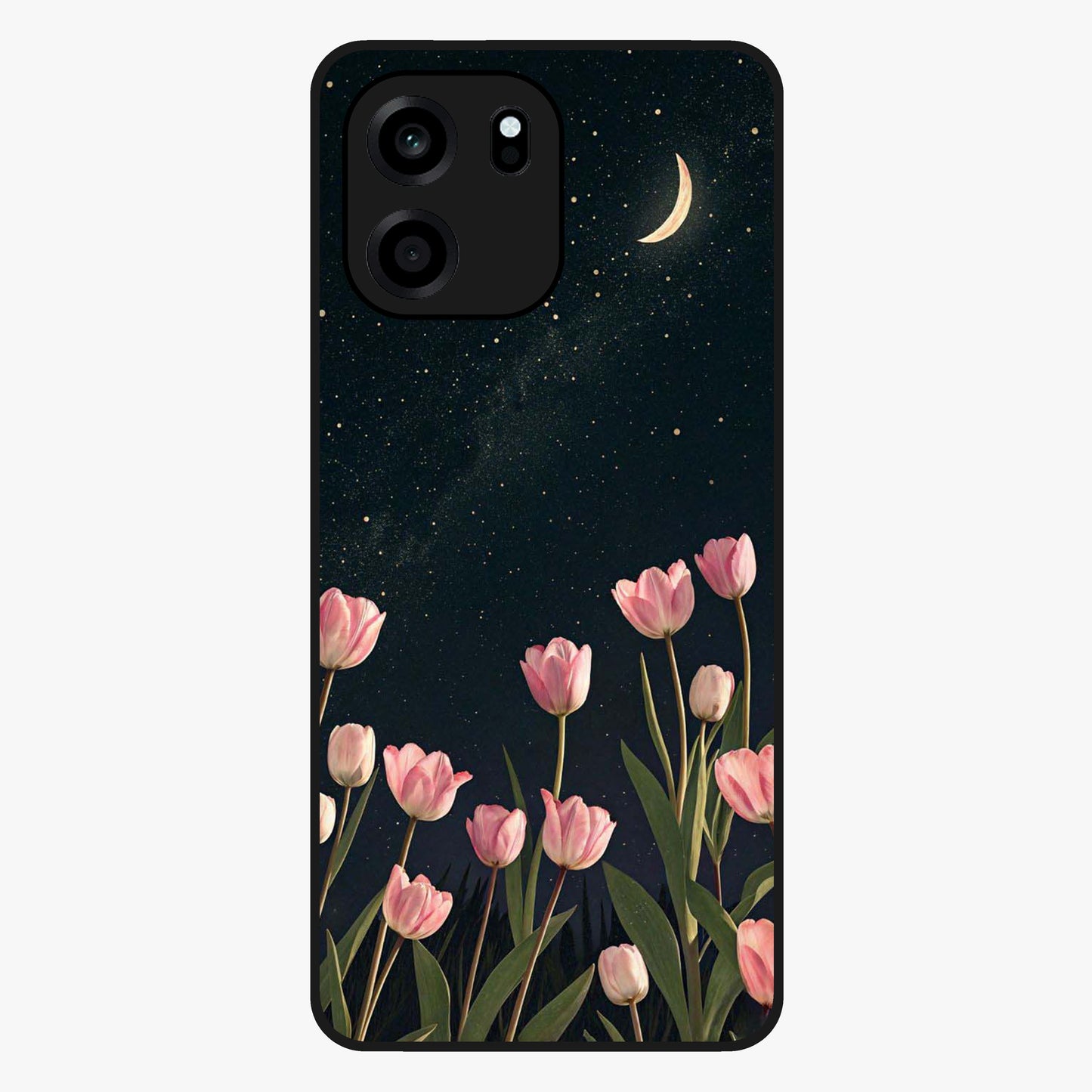 Midnight Tulip Whispers Vibe Glass Case showing flat back view with elegant tulip flower artwork and glossy glass finish.